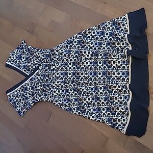 Sandra Darren Navy Blues Cream Tan Short Sleeve Fit & Flare Midi Dress  Sz16